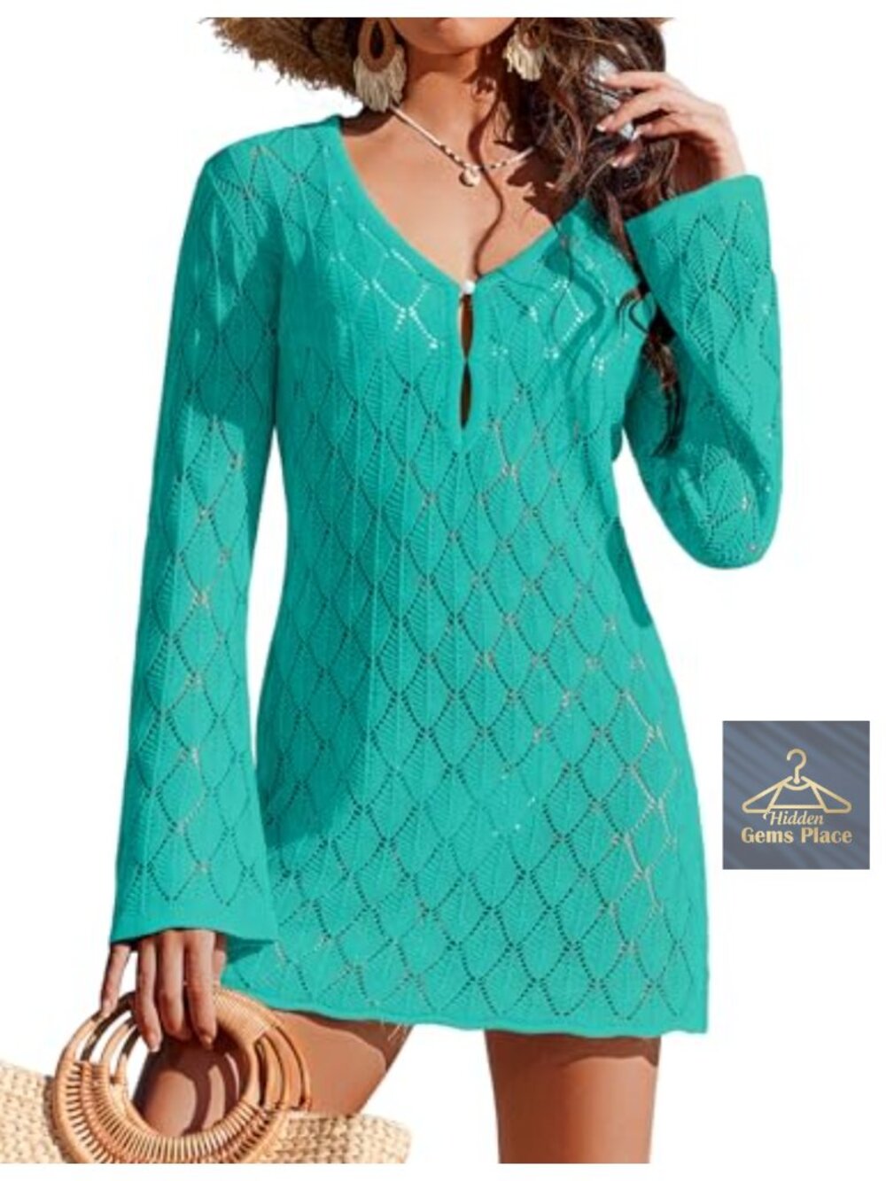 Crochet Swimsuit Coverup Long Sleeve Pearl Button Beach Cover Up
